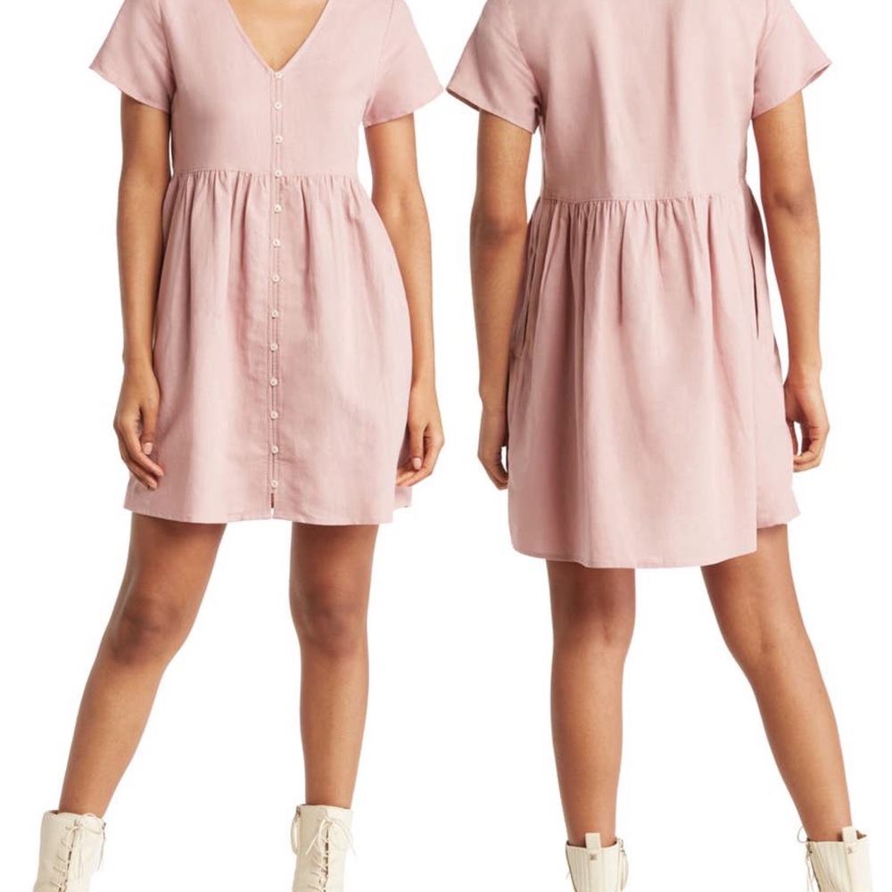 Madewell V-Neck Button Front Linen Blend Minidress in Warm Thistle Pink - Picture 1 of 10